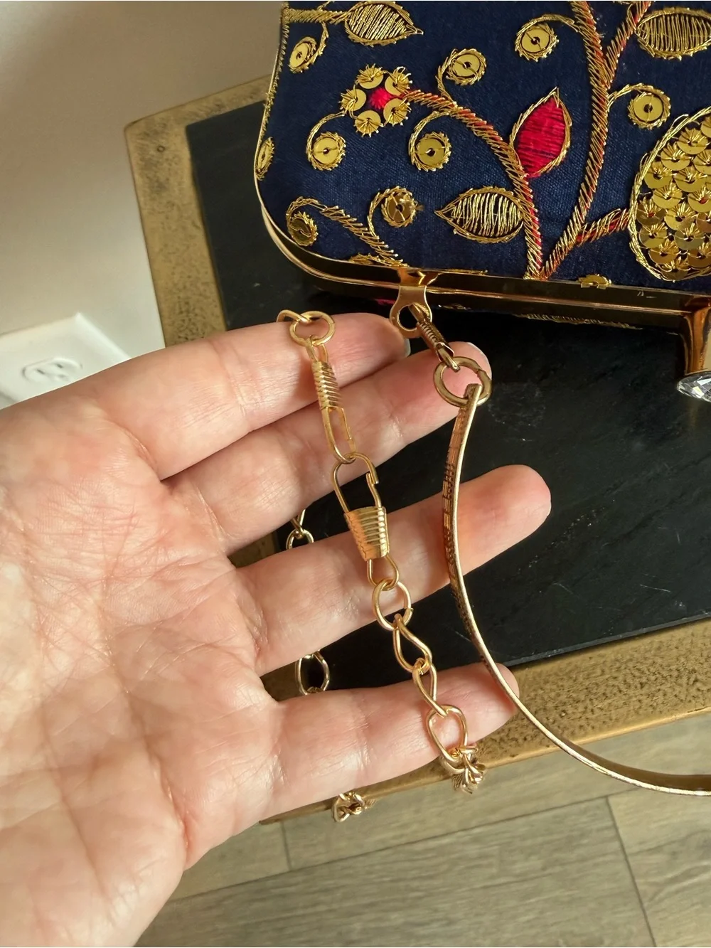 Longing to Buy Handmade Designer Box Clutch Zari Embroidered Navy Gold Floral